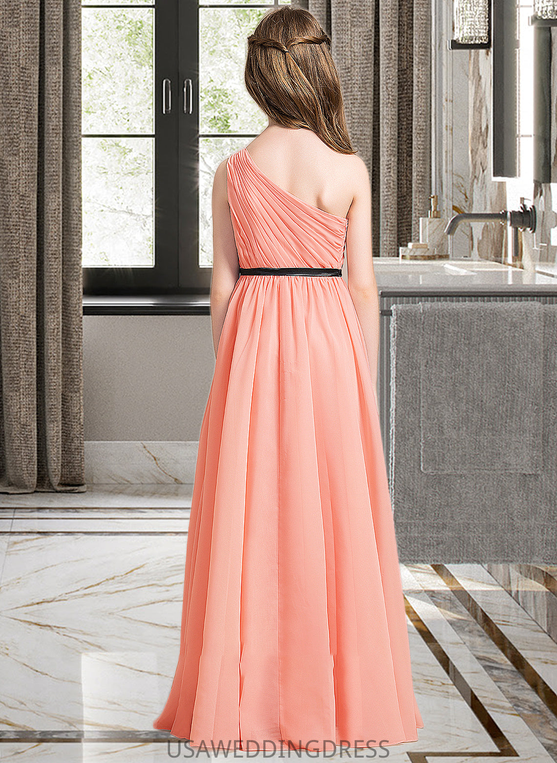 Jazmin A-Line One-Shoulder Floor-Length Chiffon Junior Bridesmaid Dress With Ruffle Bow(s) DSP0013570