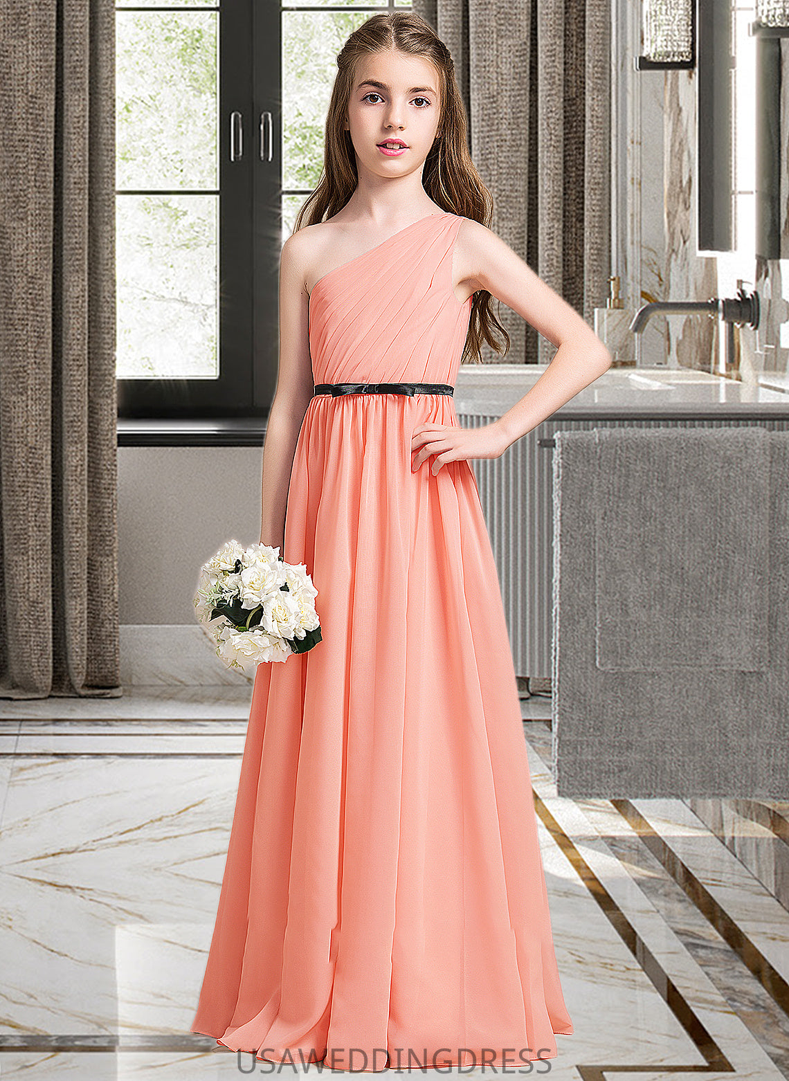 Jazmin A-Line One-Shoulder Floor-Length Chiffon Junior Bridesmaid Dress With Ruffle Bow(s) DSP0013570