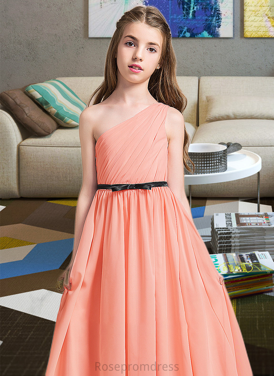 Cecelia A-Line One-Shoulder Floor-Length Chiffon Junior Bridesmaid Dress With Ruffle Bow(s) SRSP0013570