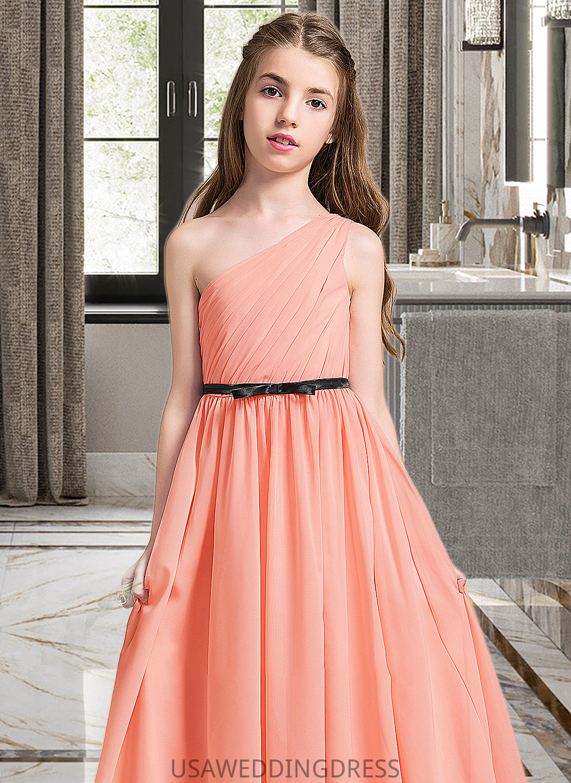 Jazmin A-Line One-Shoulder Floor-Length Chiffon Junior Bridesmaid Dress With Ruffle Bow(s) DSP0013570