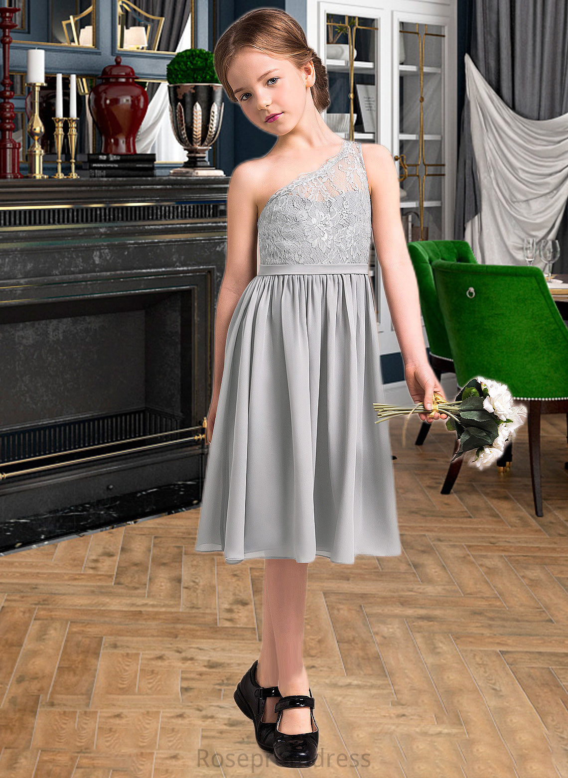 Kamila A-Line One-Shoulder Knee-Length Chiffon Lace Junior Bridesmaid Dress SRSP0013571