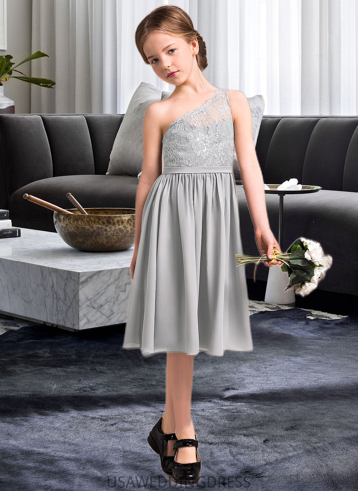 Chelsea A-Line One-Shoulder Knee-Length Chiffon Lace Junior Bridesmaid Dress DSP0013571