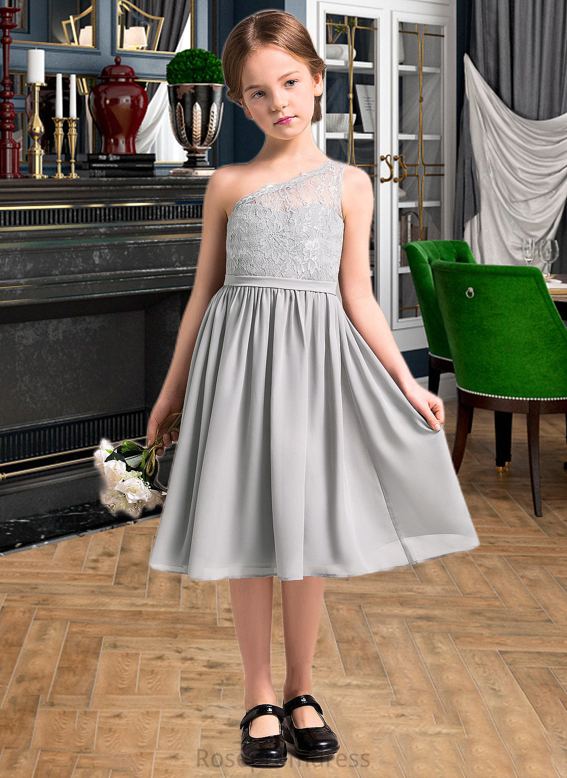 Kamila A-Line One-Shoulder Knee-Length Chiffon Lace Junior Bridesmaid Dress SRSP0013571