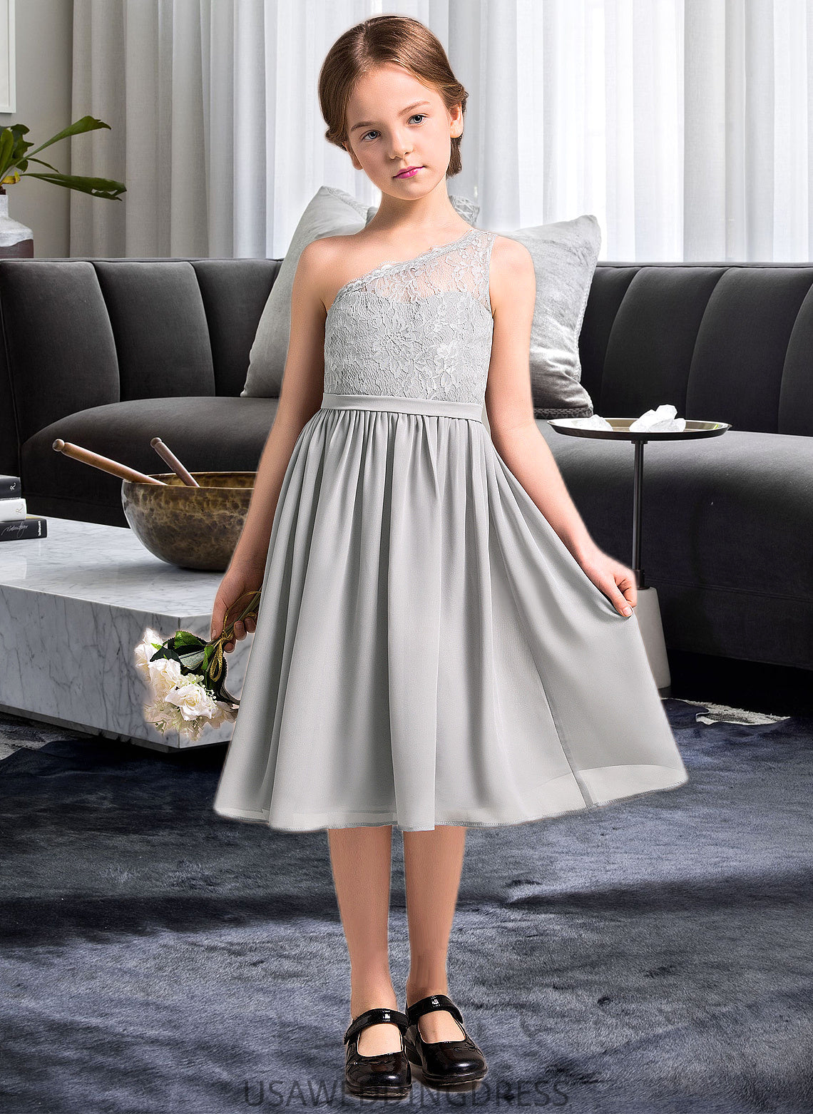 Chelsea A-Line One-Shoulder Knee-Length Chiffon Lace Junior Bridesmaid Dress DSP0013571