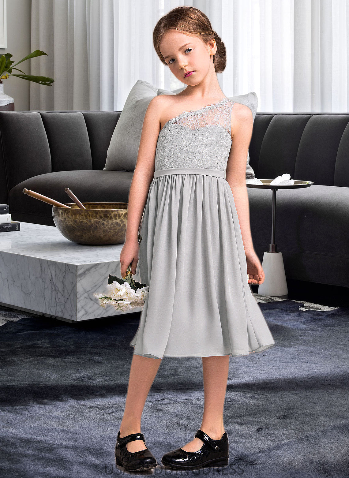 Chelsea A-Line One-Shoulder Knee-Length Chiffon Lace Junior Bridesmaid Dress DSP0013571