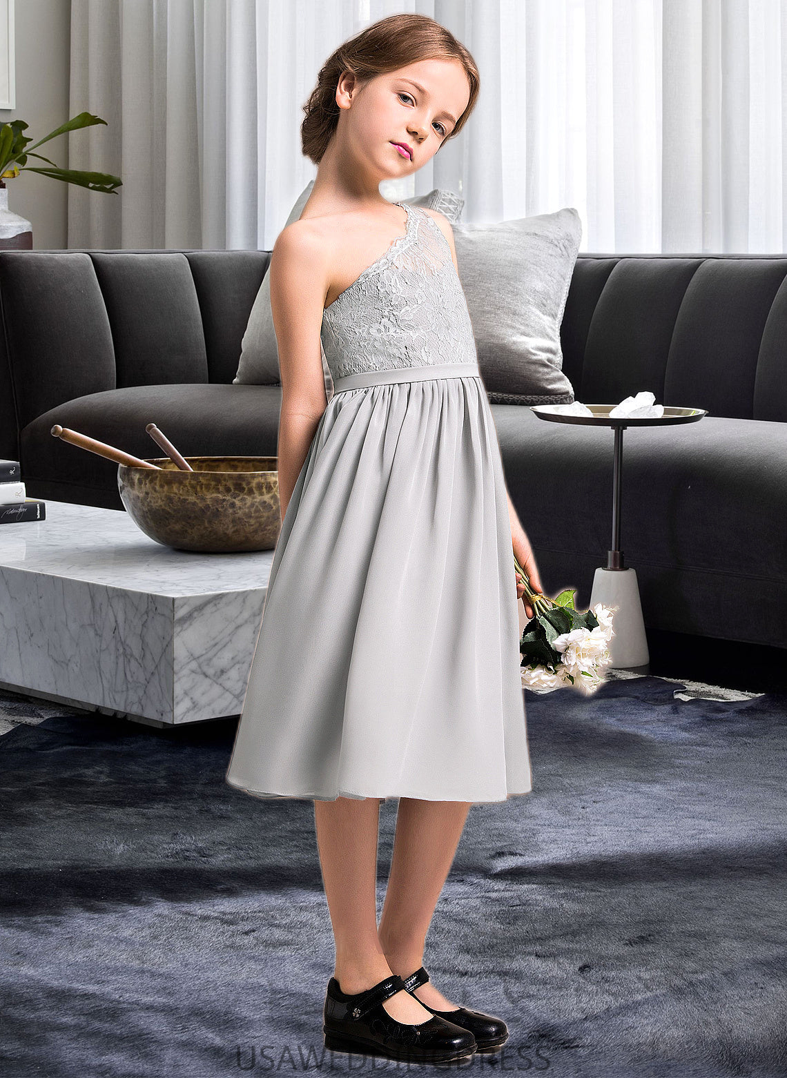 Chelsea A-Line One-Shoulder Knee-Length Chiffon Lace Junior Bridesmaid Dress DSP0013571