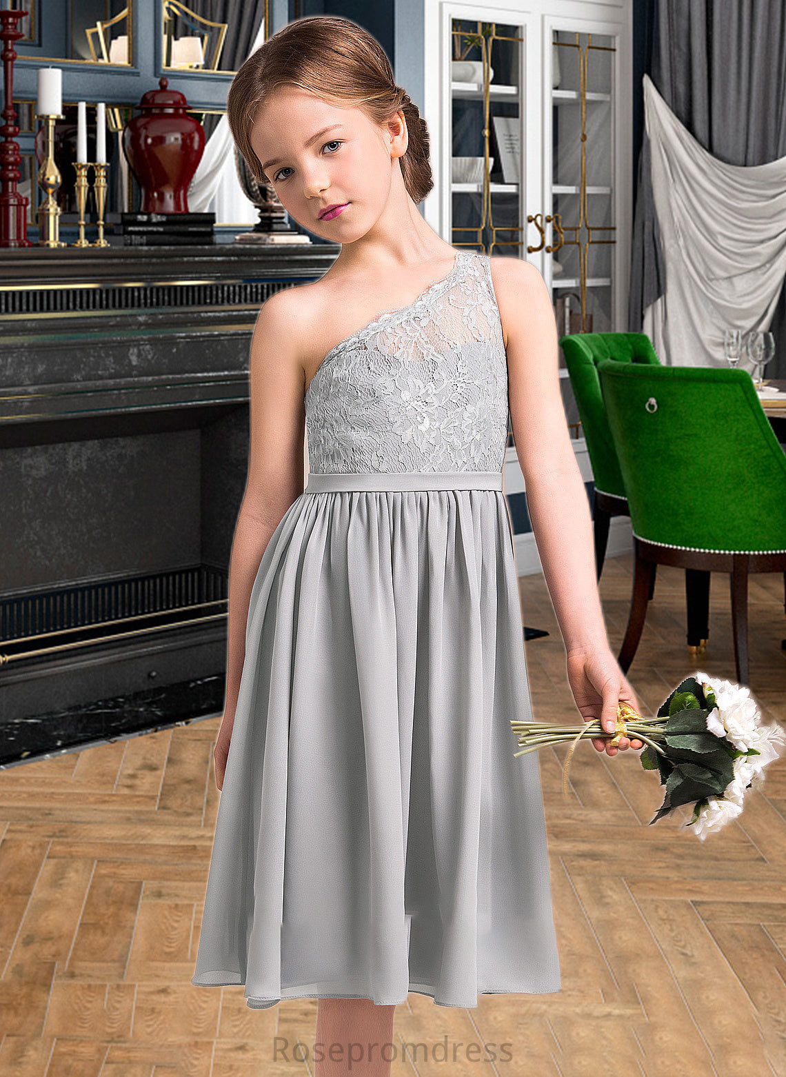 Kamila A-Line One-Shoulder Knee-Length Chiffon Lace Junior Bridesmaid Dress SRSP0013571