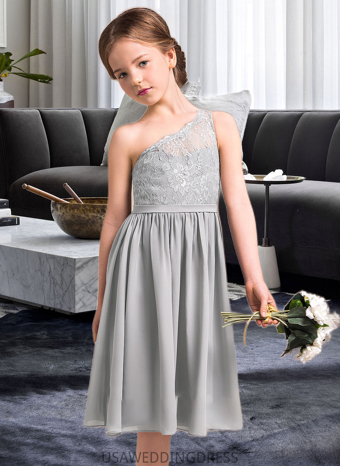 Chelsea A-Line One-Shoulder Knee-Length Chiffon Lace Junior Bridesmaid Dress DSP0013571