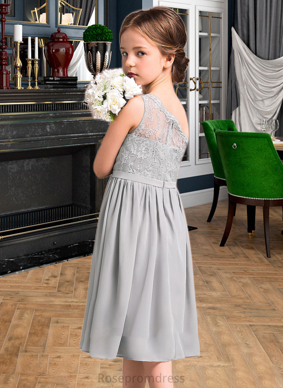 Kamila A-Line One-Shoulder Knee-Length Chiffon Lace Junior Bridesmaid Dress SRSP0013571