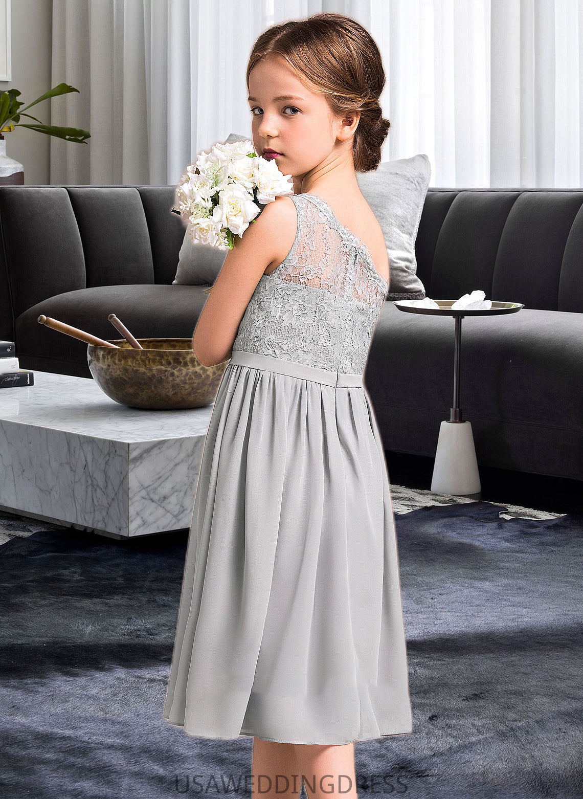 Chelsea A-Line One-Shoulder Knee-Length Chiffon Lace Junior Bridesmaid Dress DSP0013571