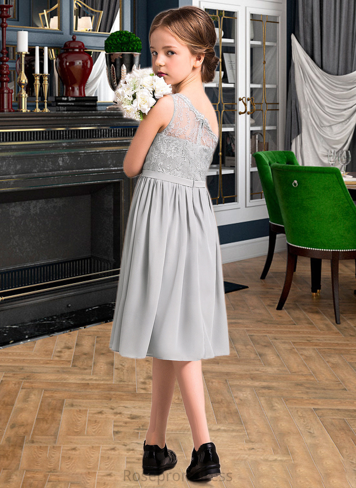 Kamila A-Line One-Shoulder Knee-Length Chiffon Lace Junior Bridesmaid Dress SRSP0013571