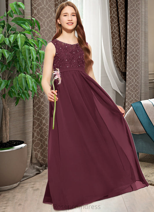 Hedwig A-Line Scoop Neck Floor-Length Chiffon Lace Junior Bridesmaid Dress With Beading Sequins SRSP0013572