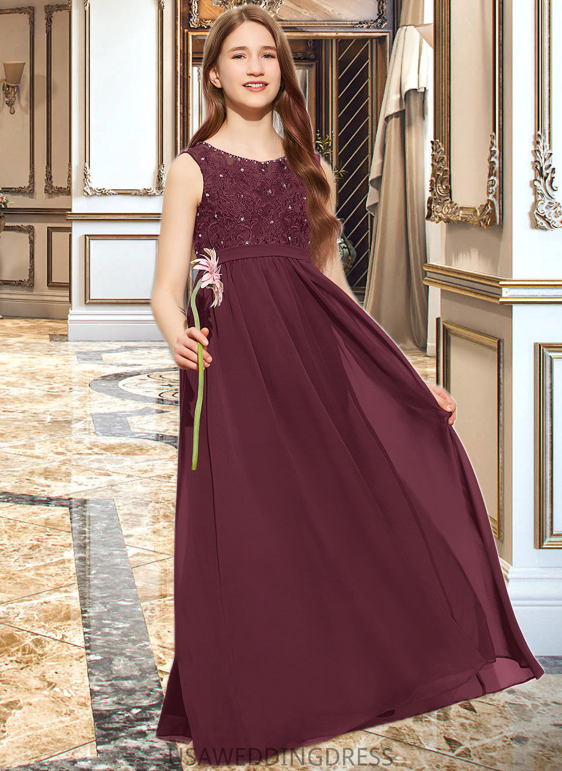 Deborah A-Line Scoop Neck Floor-Length Chiffon Lace Junior Bridesmaid Dress With Beading Sequins DSP0013572