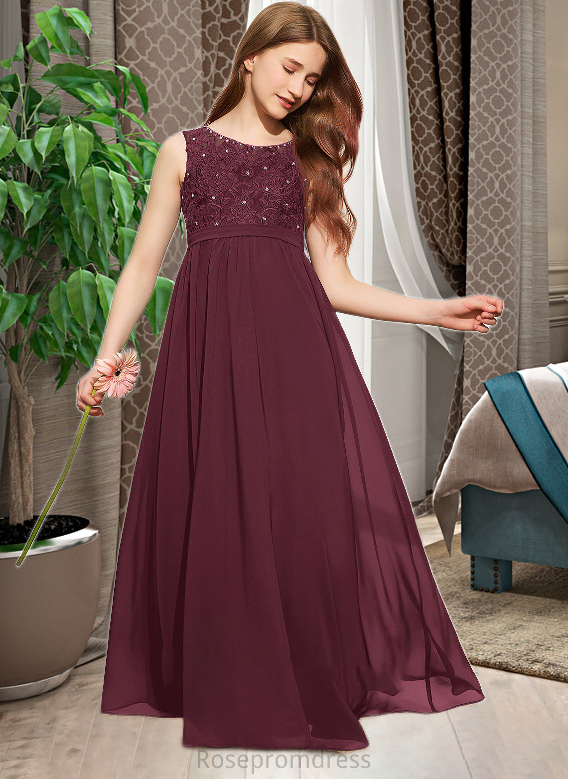 Hedwig A-Line Scoop Neck Floor-Length Chiffon Lace Junior Bridesmaid Dress With Beading Sequins SRSP0013572