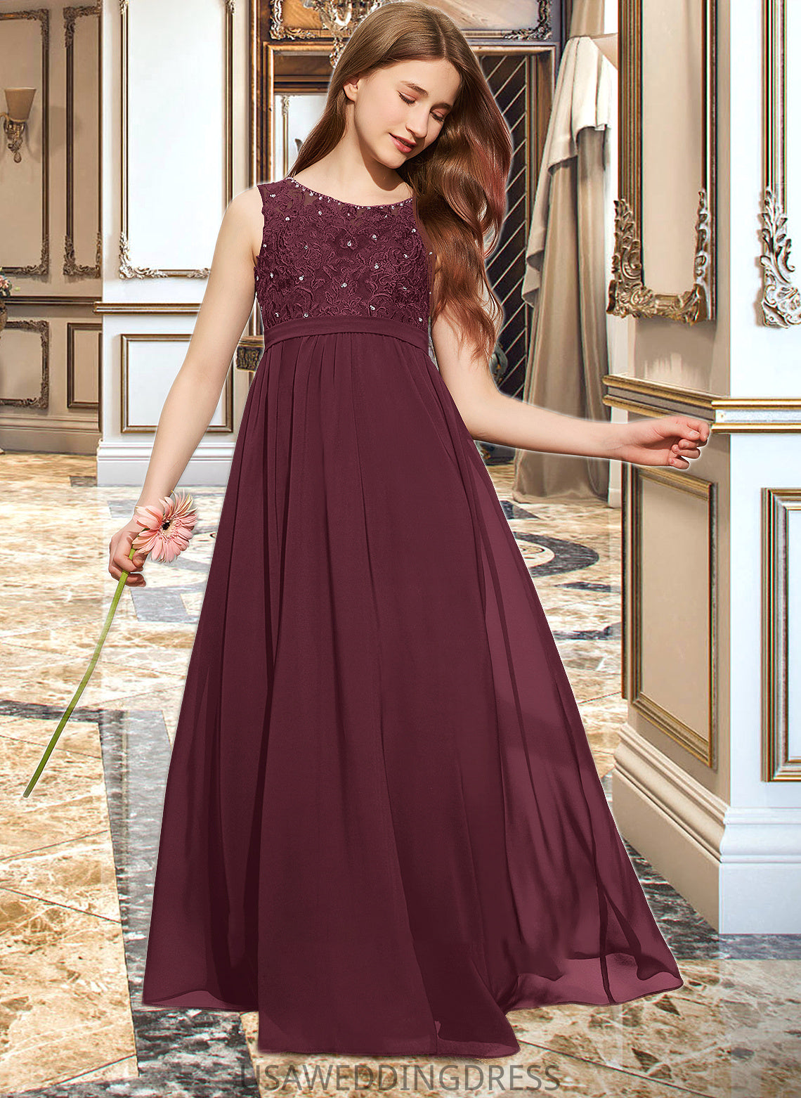 Deborah A-Line Scoop Neck Floor-Length Chiffon Lace Junior Bridesmaid Dress With Beading Sequins DSP0013572