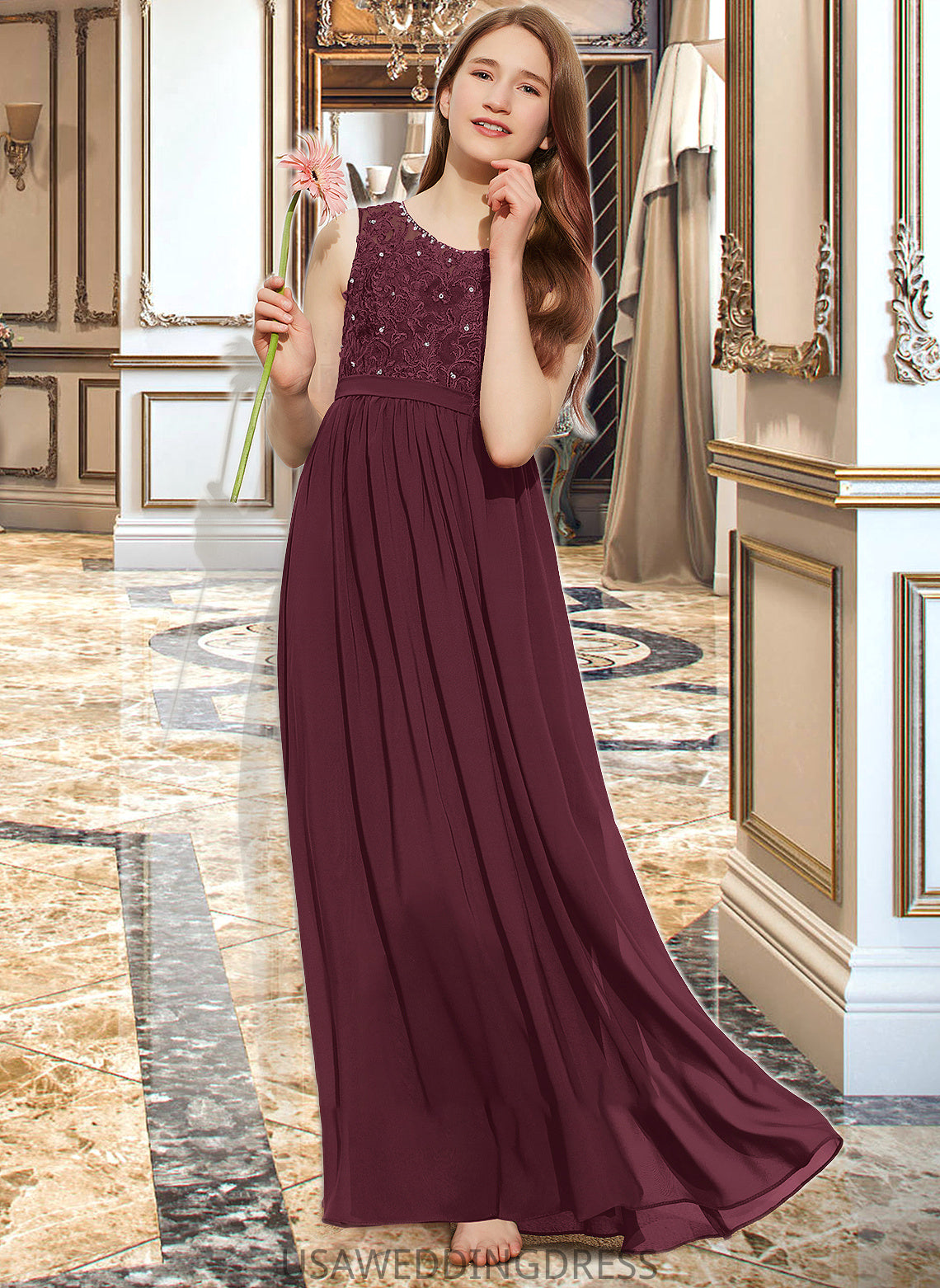 Deborah A-Line Scoop Neck Floor-Length Chiffon Lace Junior Bridesmaid Dress With Beading Sequins DSP0013572