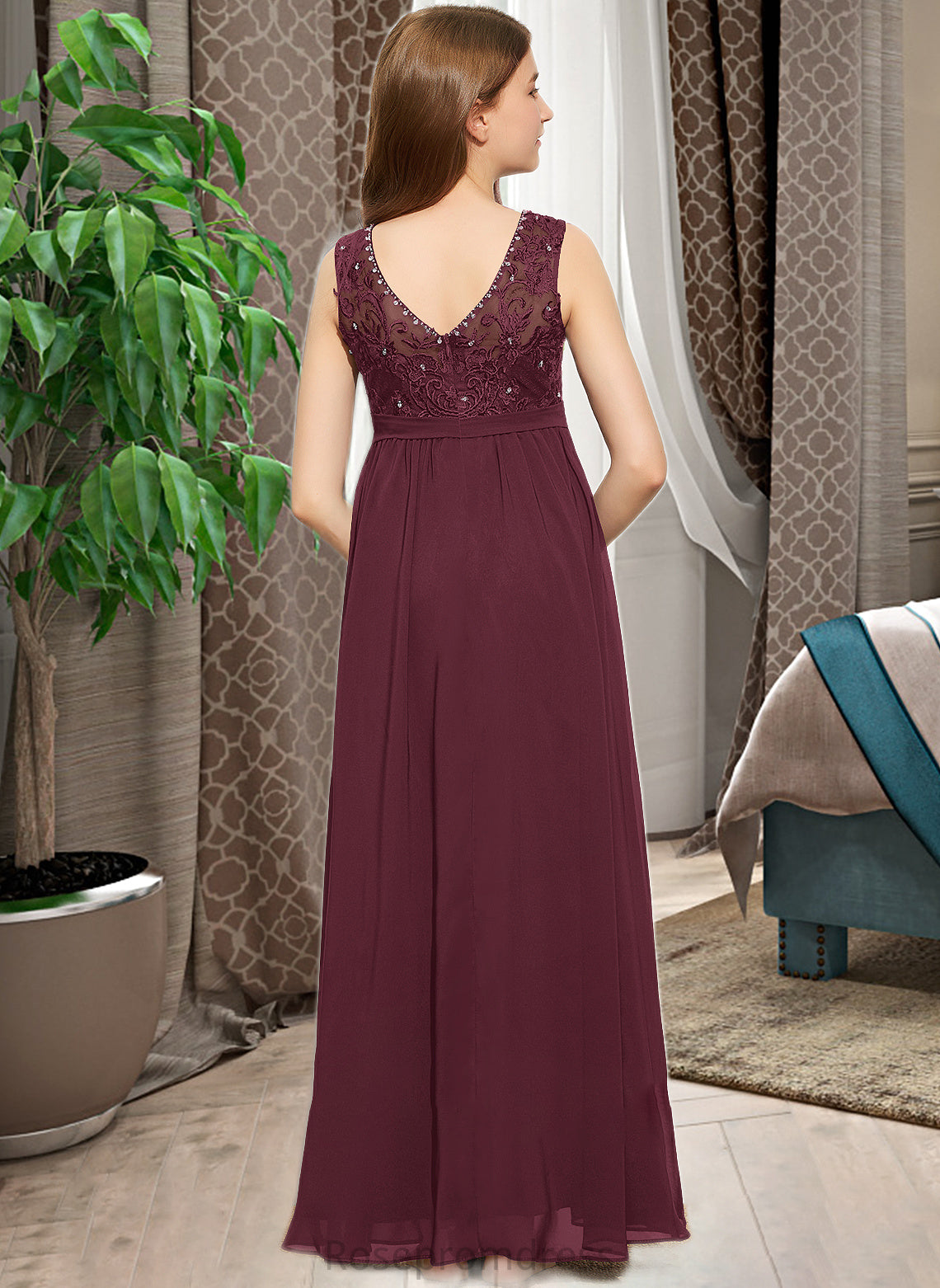 Hedwig A-Line Scoop Neck Floor-Length Chiffon Lace Junior Bridesmaid Dress With Beading Sequins SRSP0013572