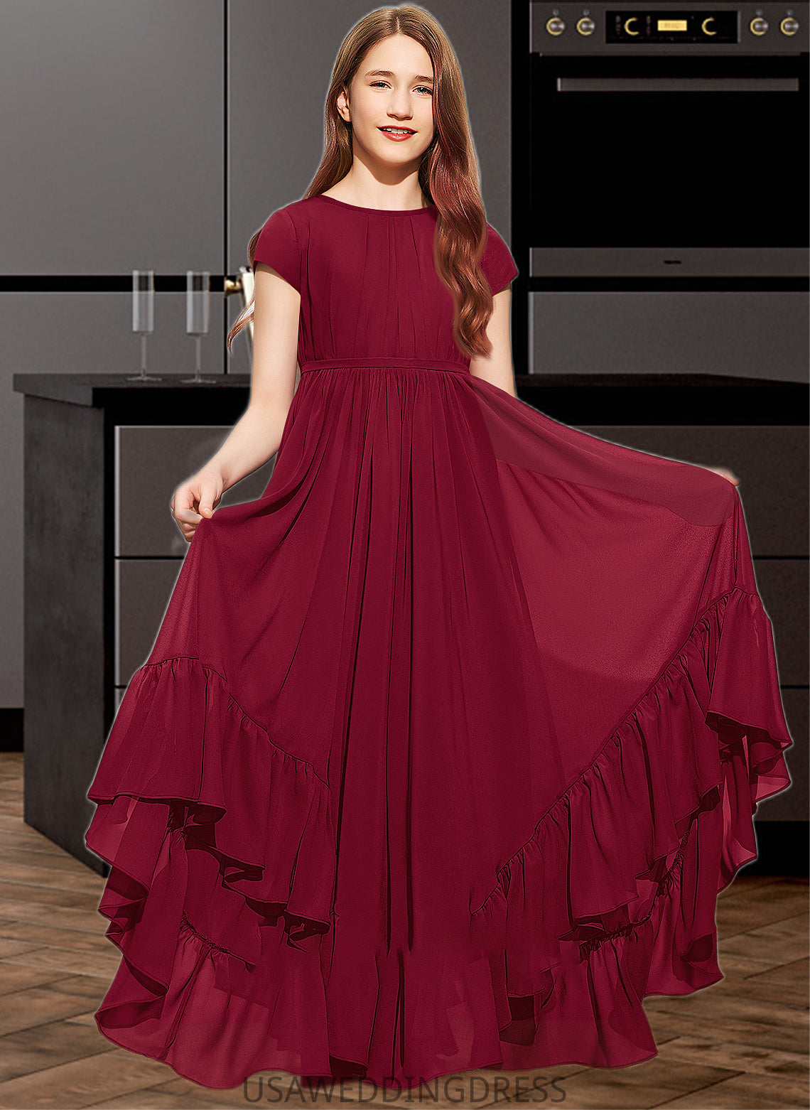 Alisson A-Line Scoop Neck Floor-Length Chiffon Junior Bridesmaid Dress With Appliques Lace Bow(s) Cascading Ruffles DSP0013573