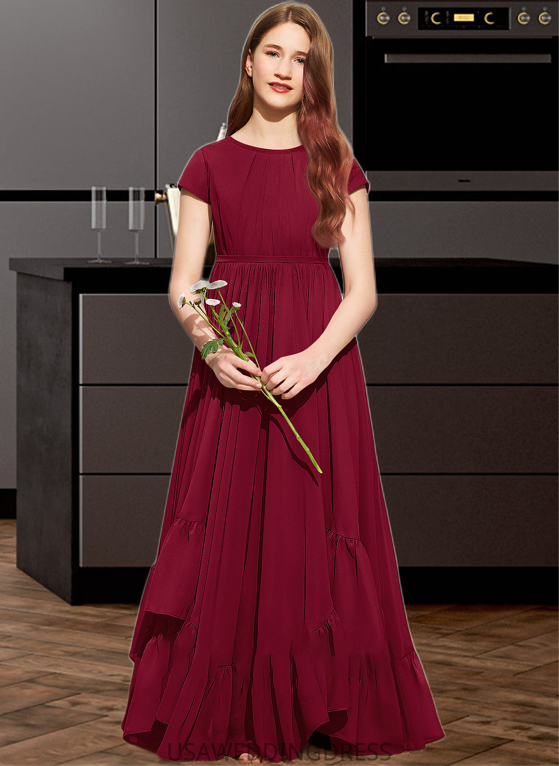 Alisson A-Line Scoop Neck Floor-Length Chiffon Junior Bridesmaid Dress With Appliques Lace Bow(s) Cascading Ruffles DSP0013573