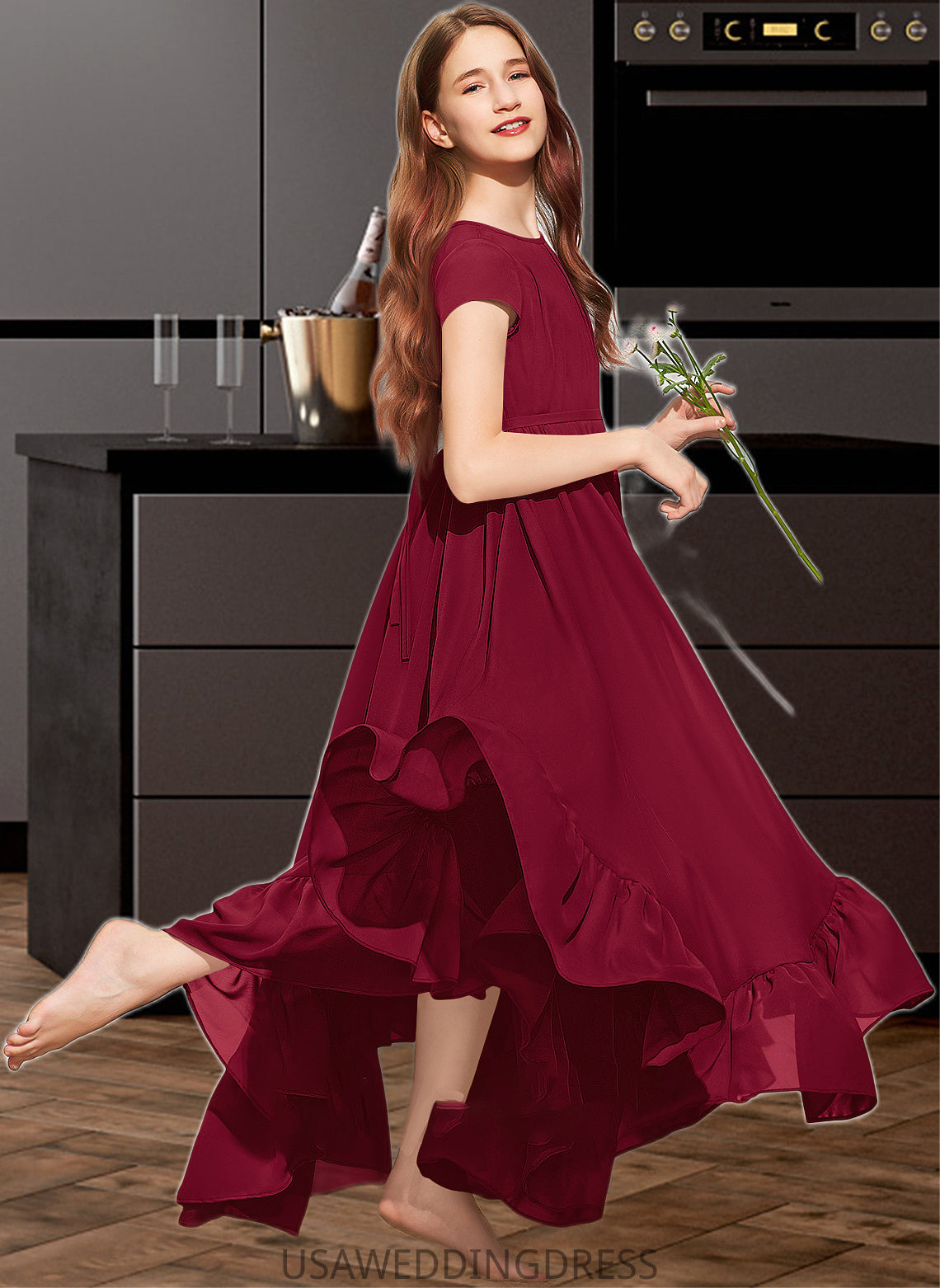 Alisson A-Line Scoop Neck Floor-Length Chiffon Junior Bridesmaid Dress With Appliques Lace Bow(s) Cascading Ruffles DSP0013573