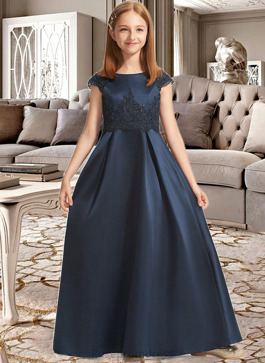 Madeline A-Line Scoop Neck Floor-Length Satin Lace Junior Bridesmaid Dress With Beading Sequins Bow(s) SRSP0013574