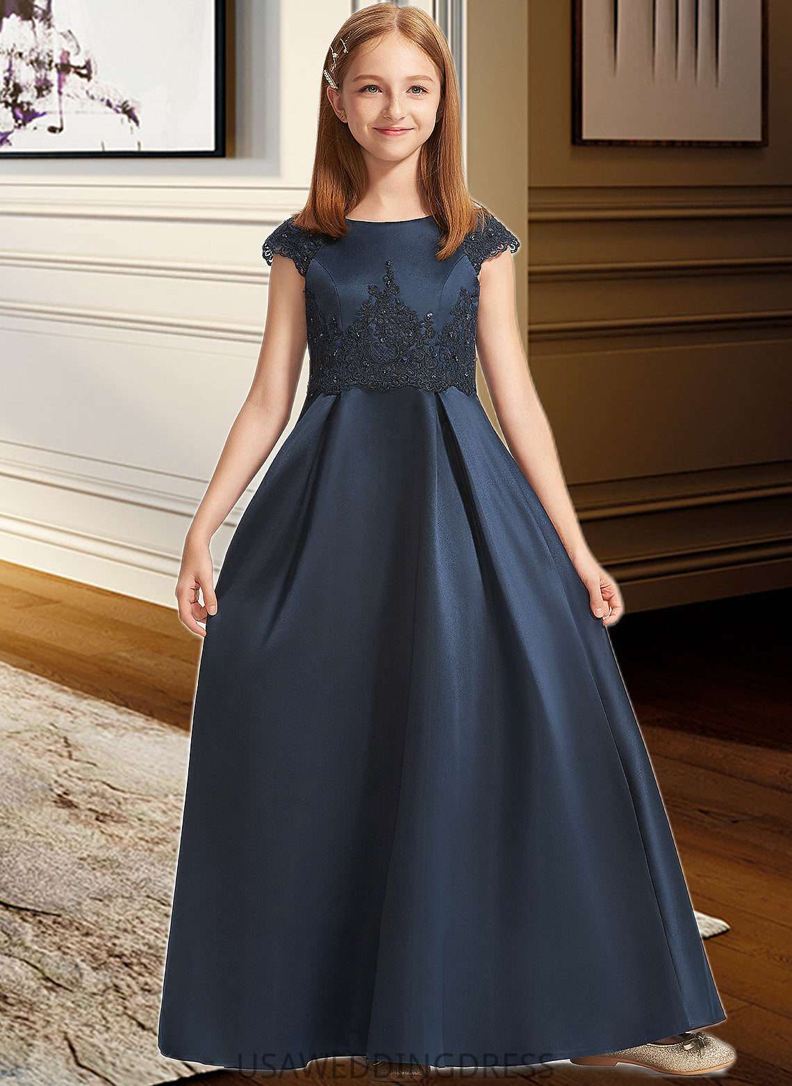 Makaila A-Line Scoop Neck Floor-Length Satin Lace Junior Bridesmaid Dress With Beading Sequins Bow(s) DSP0013574