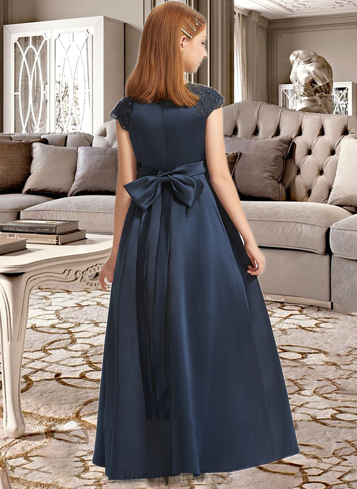 Madeline A-Line Scoop Neck Floor-Length Satin Lace Junior Bridesmaid Dress With Beading Sequins Bow(s) SRSP0013574