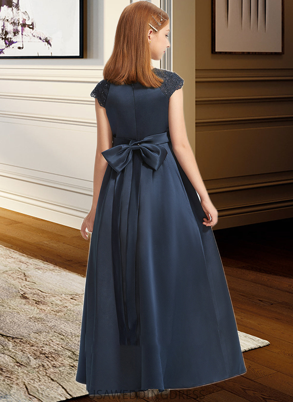 Makaila A-Line Scoop Neck Floor-Length Satin Lace Junior Bridesmaid Dress With Beading Sequins Bow(s) DSP0013574