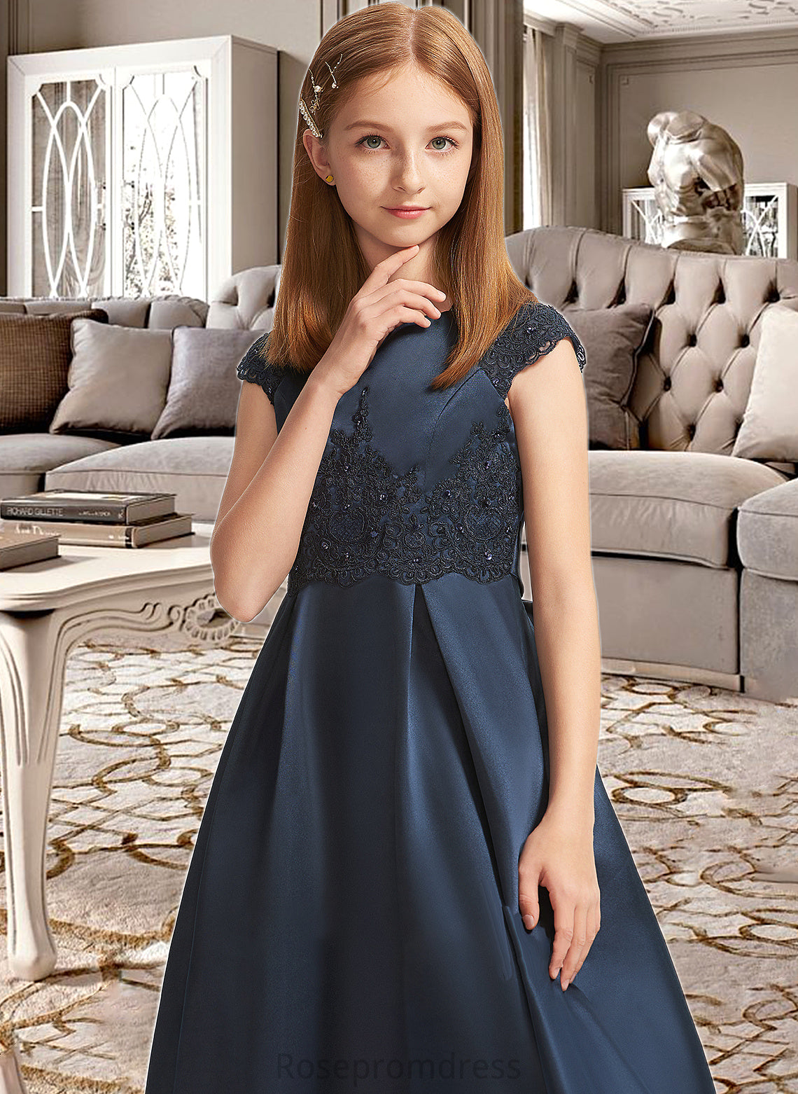 Madeline A-Line Scoop Neck Floor-Length Satin Lace Junior Bridesmaid Dress With Beading Sequins Bow(s) SRSP0013574