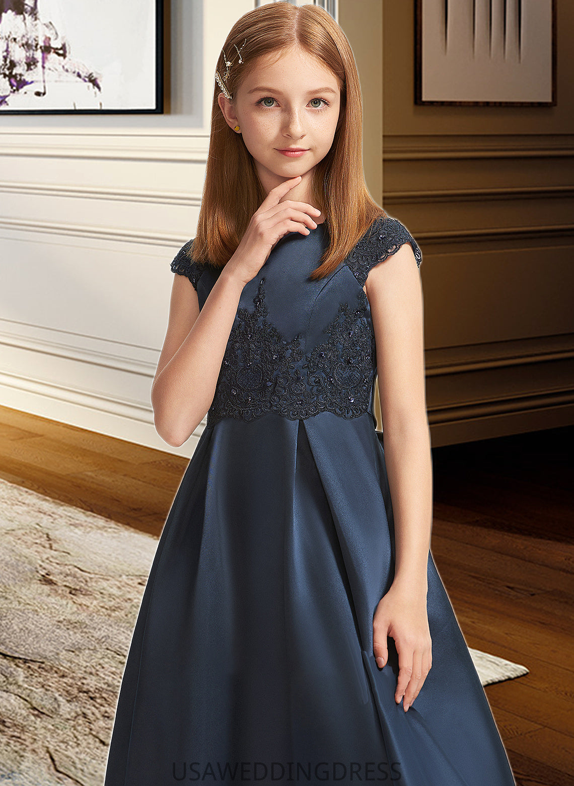 Makaila A-Line Scoop Neck Floor-Length Satin Lace Junior Bridesmaid Dress With Beading Sequins Bow(s) DSP0013574