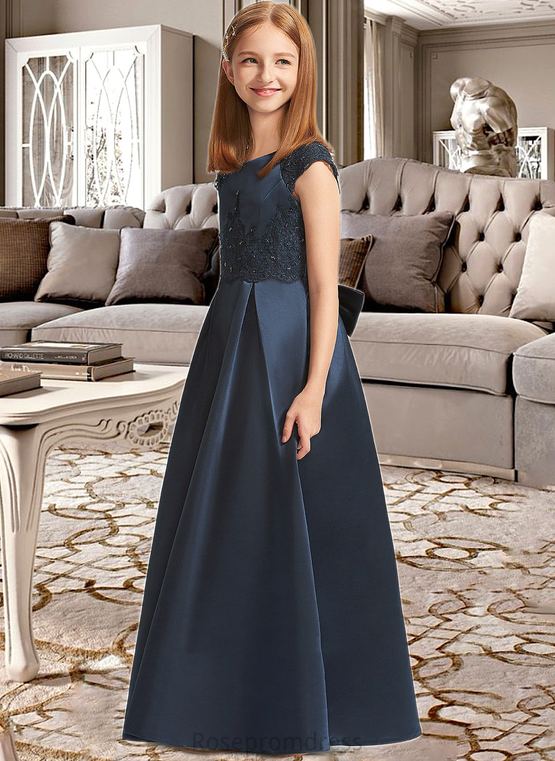 Madeline A-Line Scoop Neck Floor-Length Satin Lace Junior Bridesmaid Dress With Beading Sequins Bow(s) SRSP0013574