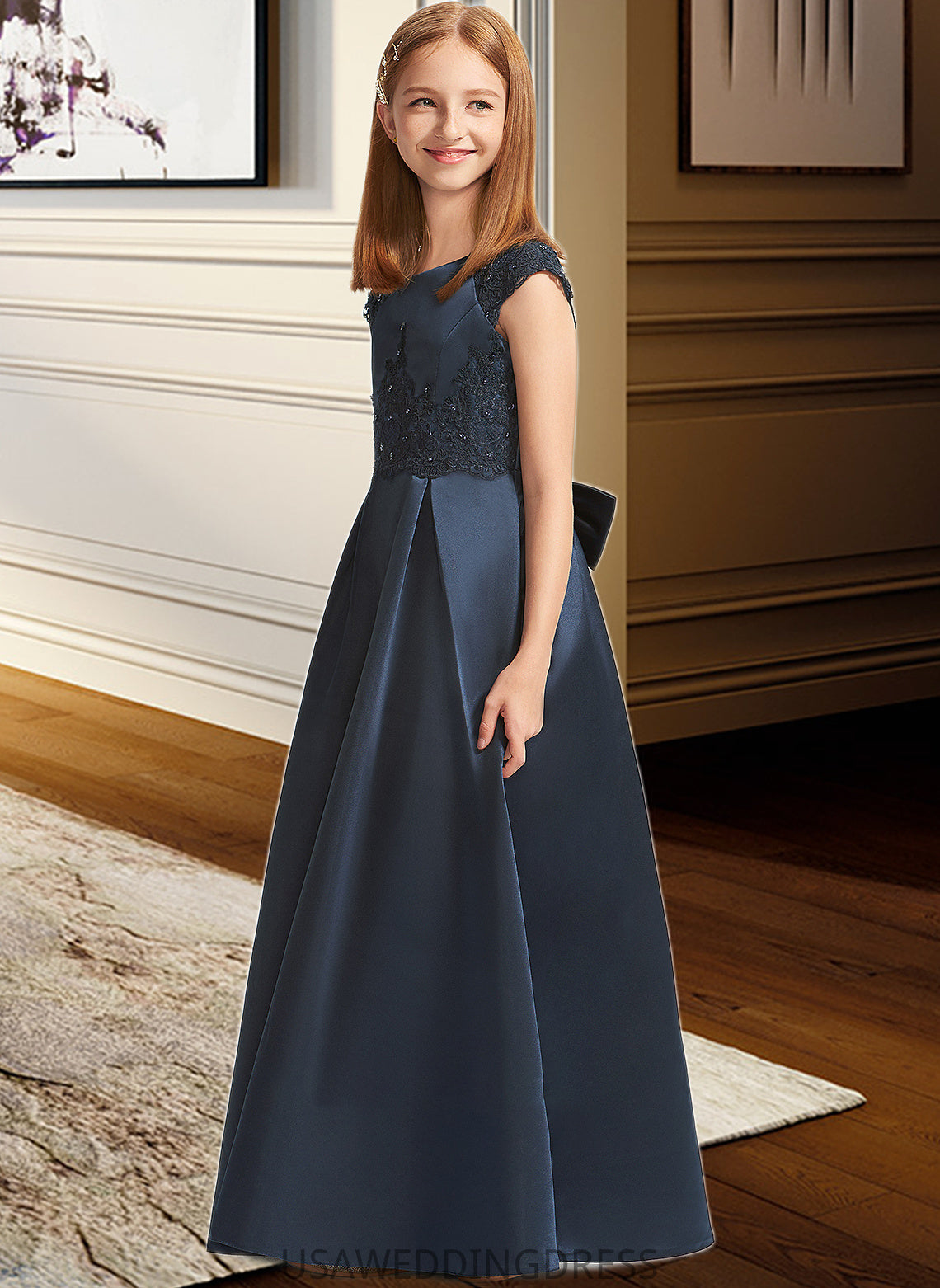 Makaila A-Line Scoop Neck Floor-Length Satin Lace Junior Bridesmaid Dress With Beading Sequins Bow(s) DSP0013574