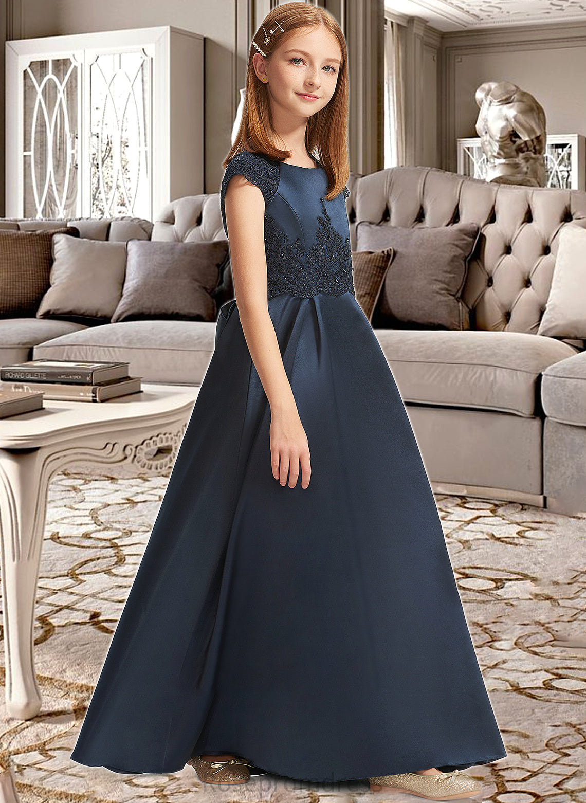 Madeline A-Line Scoop Neck Floor-Length Satin Lace Junior Bridesmaid Dress With Beading Sequins Bow(s) SRSP0013574