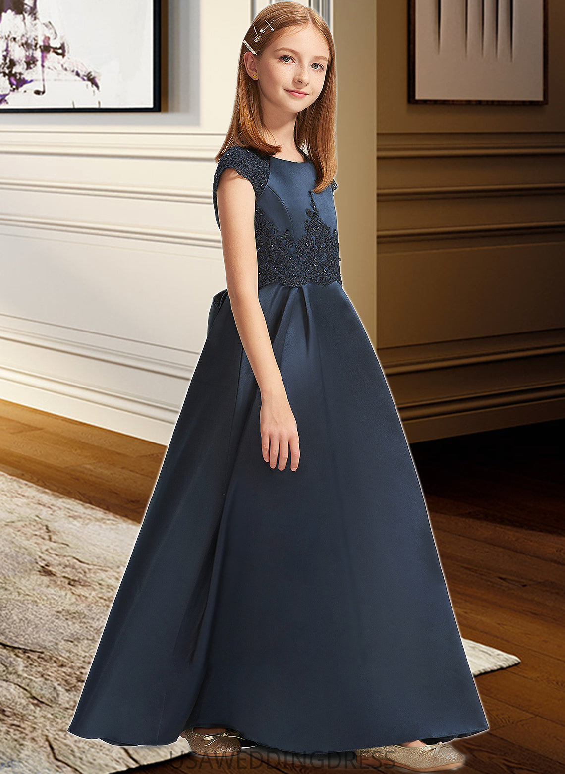 Makaila A-Line Scoop Neck Floor-Length Satin Lace Junior Bridesmaid Dress With Beading Sequins Bow(s) DSP0013574