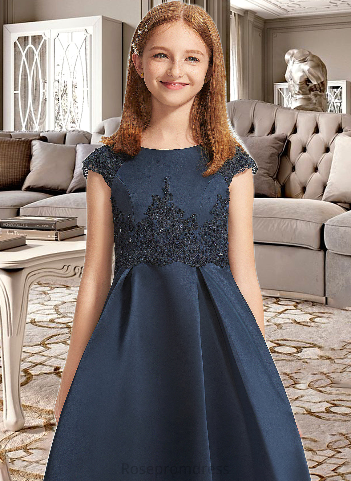 Madeline A-Line Scoop Neck Floor-Length Satin Lace Junior Bridesmaid Dress With Beading Sequins Bow(s) SRSP0013574