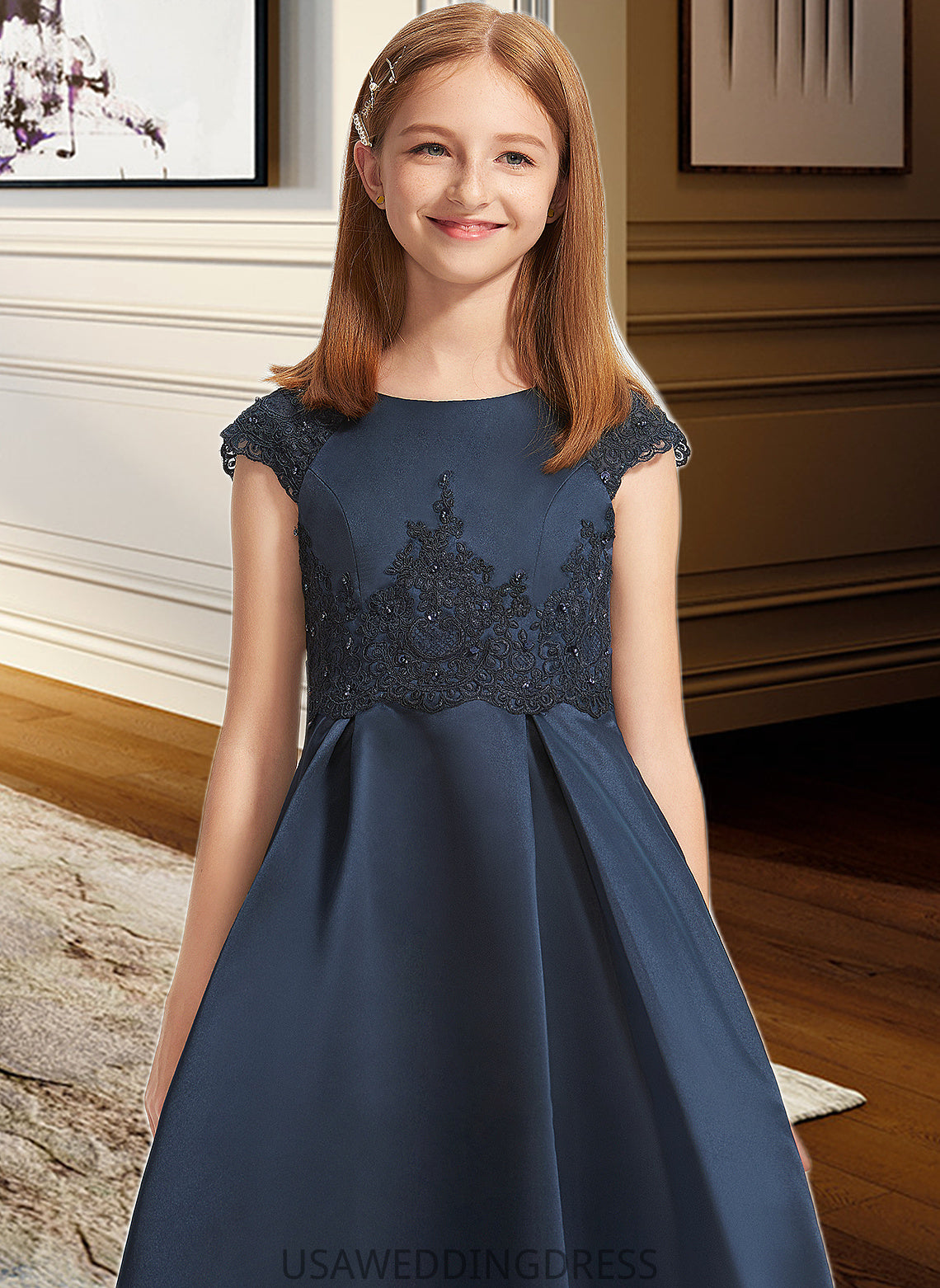 Makaila A-Line Scoop Neck Floor-Length Satin Lace Junior Bridesmaid Dress With Beading Sequins Bow(s) DSP0013574