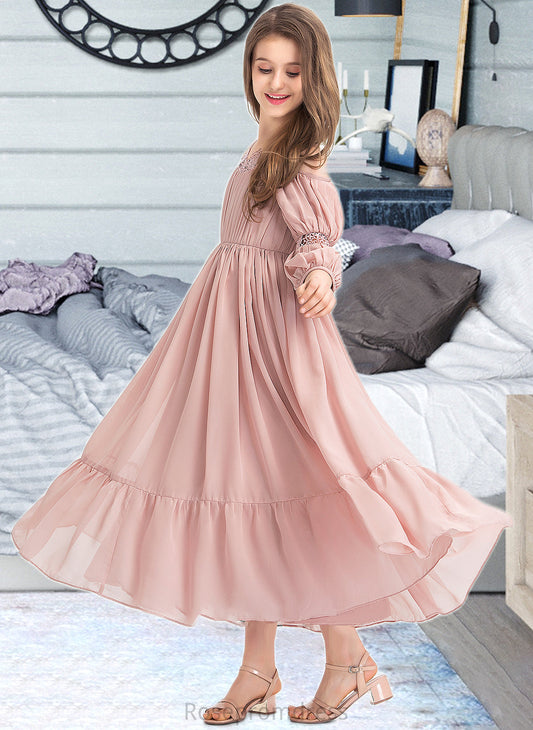 Sofia A-Line Square Neckline Ankle-Length Chiffon Junior Bridesmaid Dress With Ruffle Lace SRSP0013575