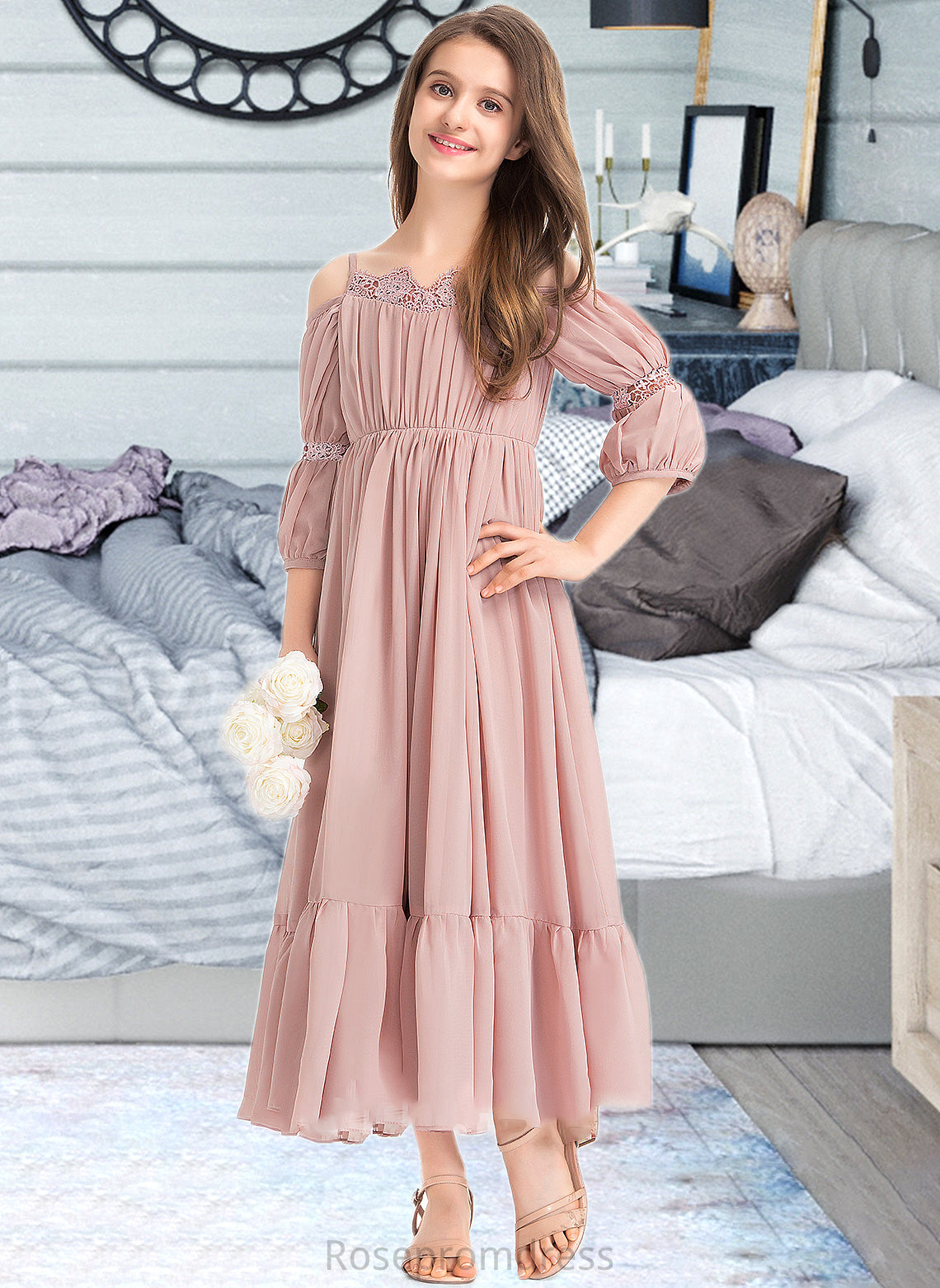 Sofia A-Line Square Neckline Ankle-Length Chiffon Junior Bridesmaid Dress With Ruffle Lace SRSP0013575