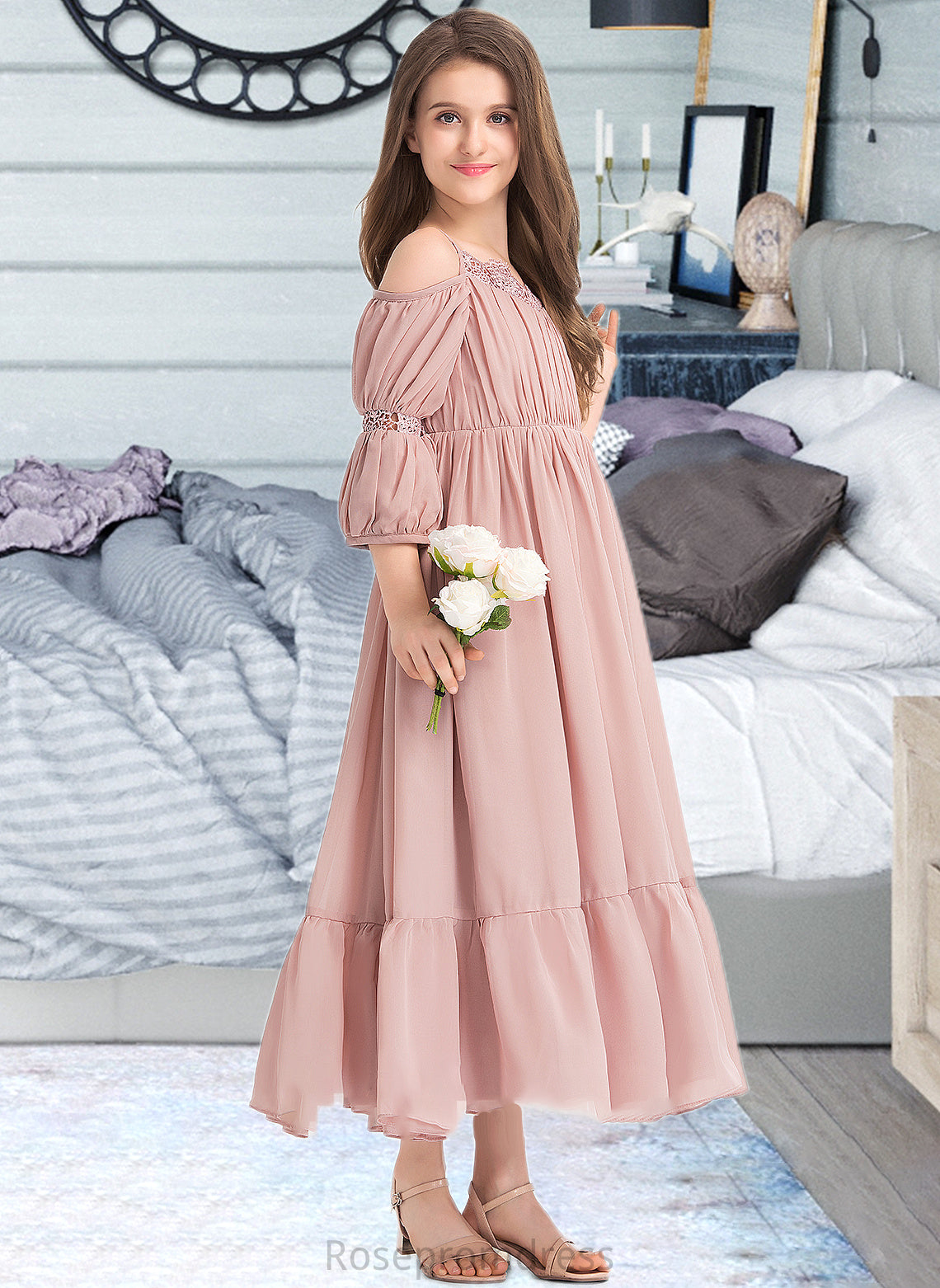 Sofia A-Line Square Neckline Ankle-Length Chiffon Junior Bridesmaid Dress With Ruffle Lace SRSP0013575