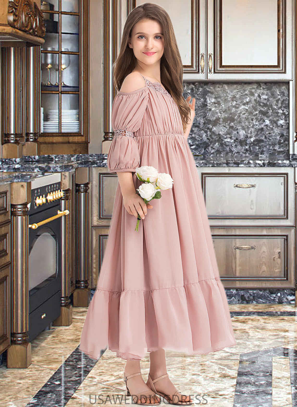 Miya A-Line Square Neckline Ankle-Length Chiffon Junior Bridesmaid Dress With Ruffle Lace DSP0013575