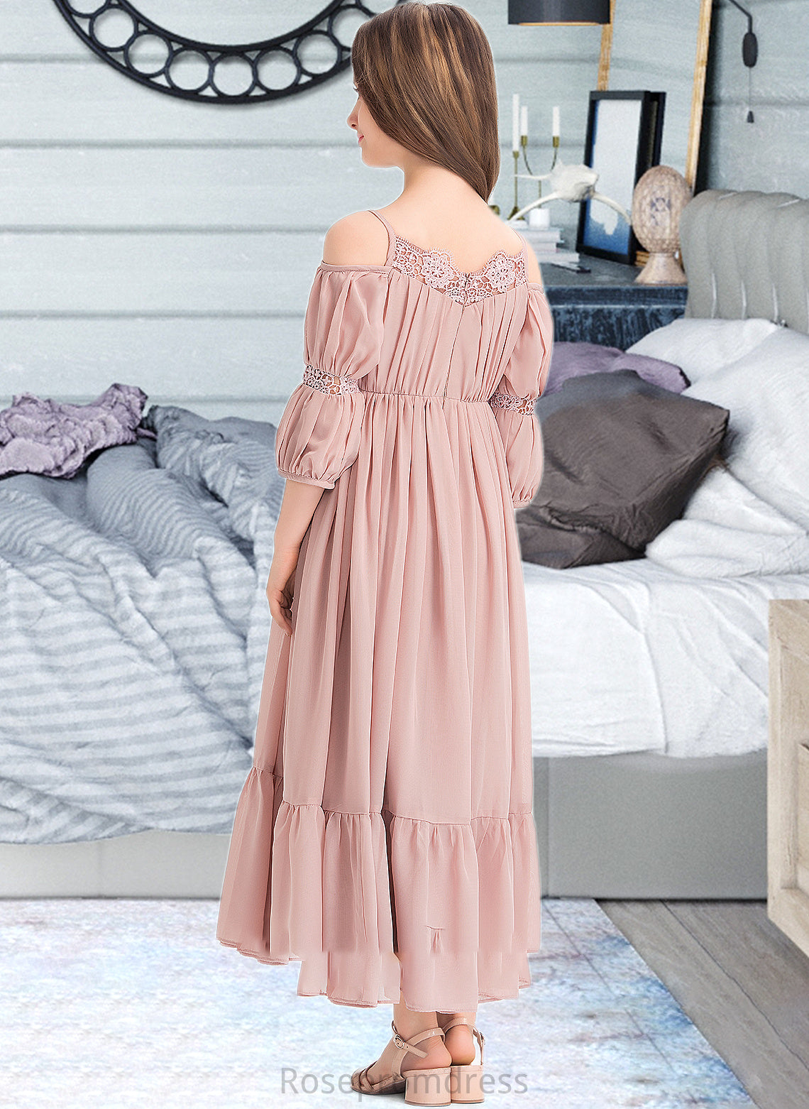 Sofia A-Line Square Neckline Ankle-Length Chiffon Junior Bridesmaid Dress With Ruffle Lace SRSP0013575