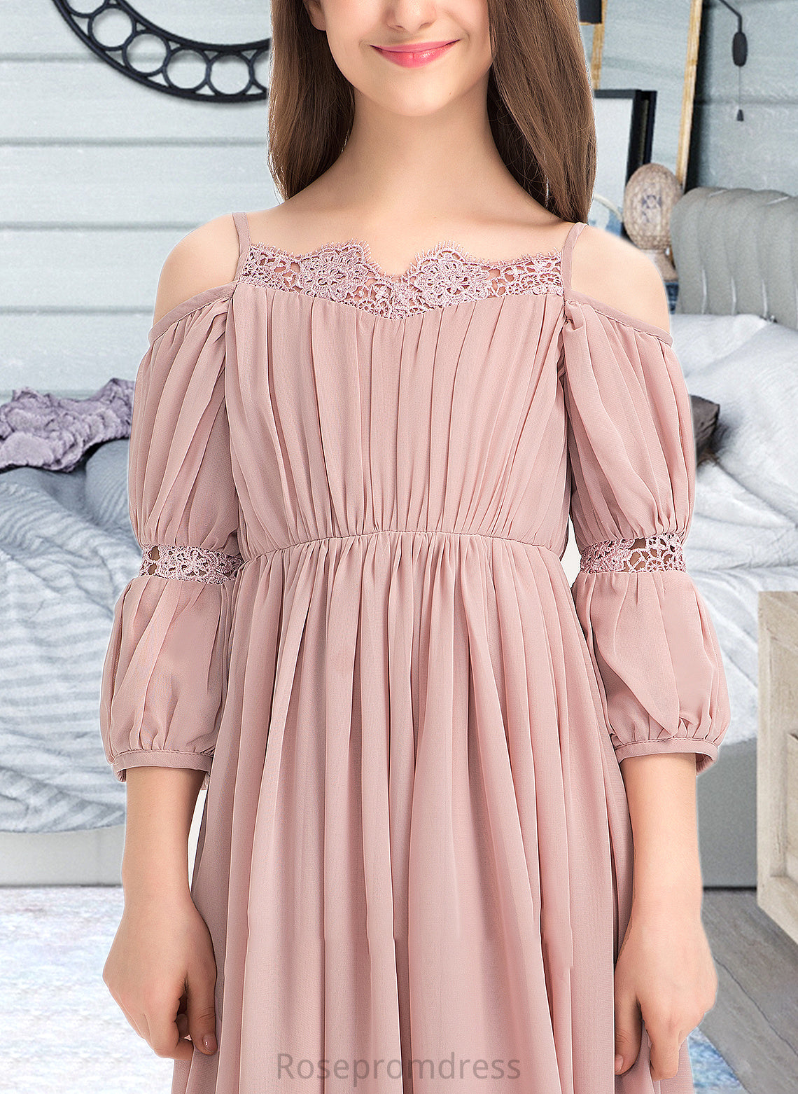 Sofia A-Line Square Neckline Ankle-Length Chiffon Junior Bridesmaid Dress With Ruffle Lace SRSP0013575