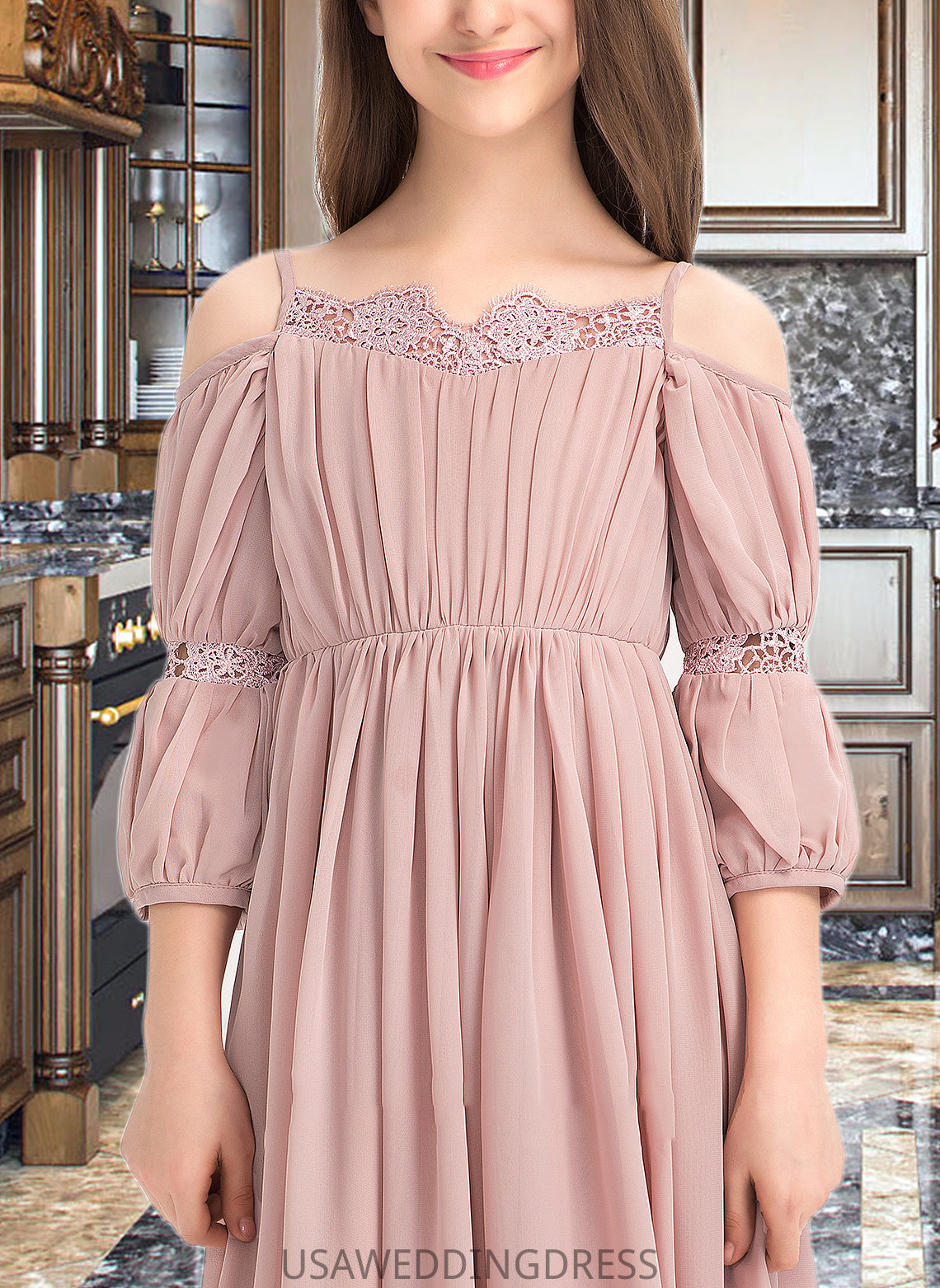 Miya A-Line Square Neckline Ankle-Length Chiffon Junior Bridesmaid Dress With Ruffle Lace DSP0013575