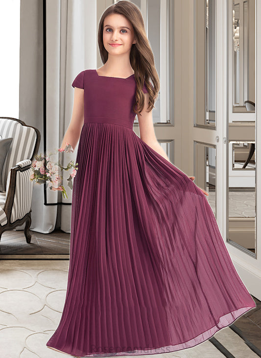 Annabella A-Line Square Neckline Floor-Length Chiffon Junior Bridesmaid Dress With Lace Bow(s) Pleated SRSP0013576