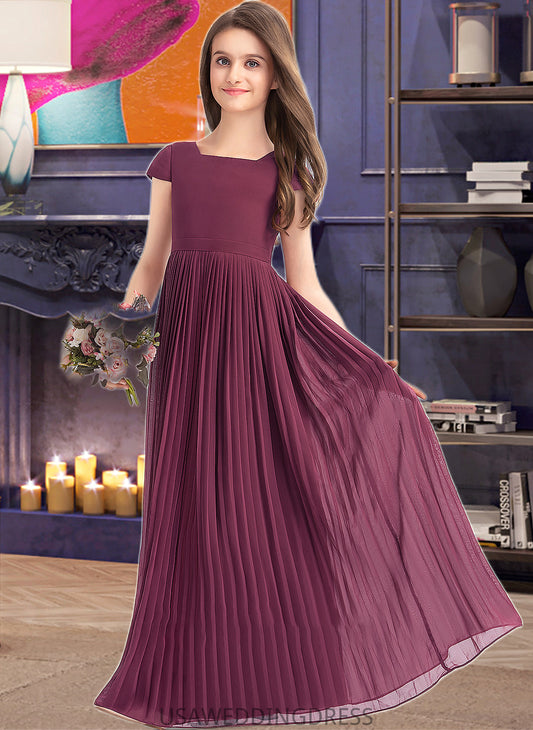 Meredith A-Line Square Neckline Floor-Length Chiffon Junior Bridesmaid Dress With Lace Bow(s) Pleated DSP0013576