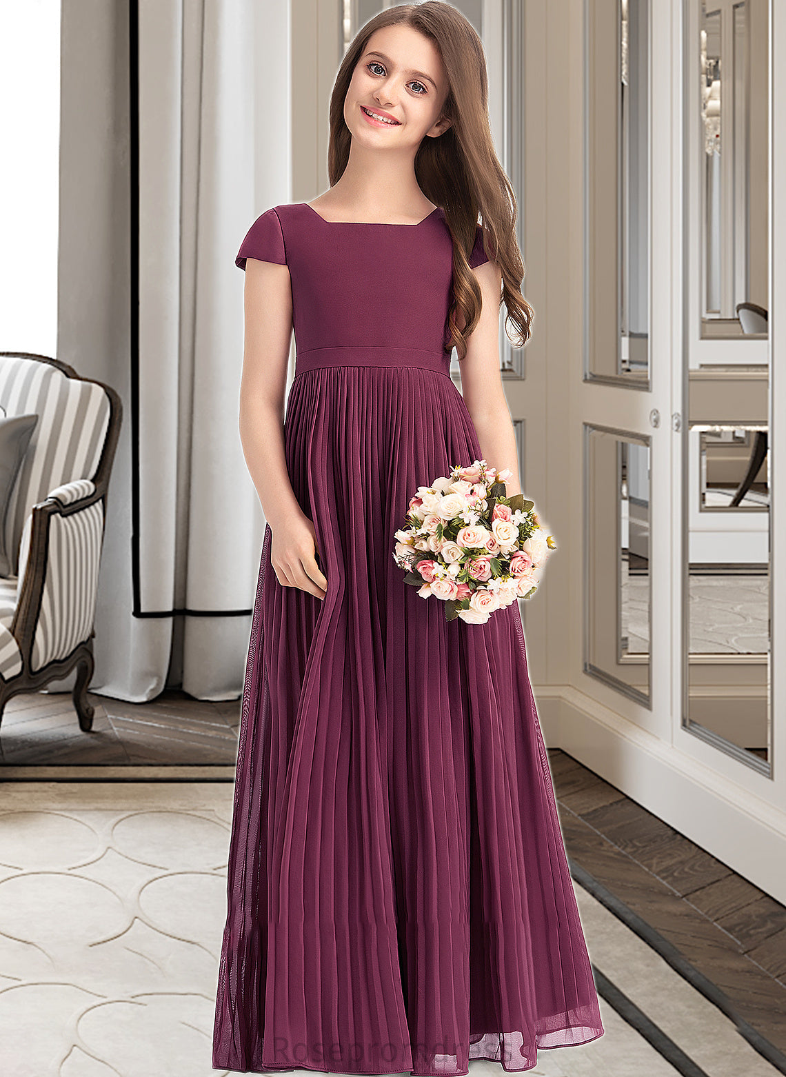 Annabella A-Line Square Neckline Floor-Length Chiffon Junior Bridesmaid Dress With Lace Bow(s) Pleated SRSP0013576