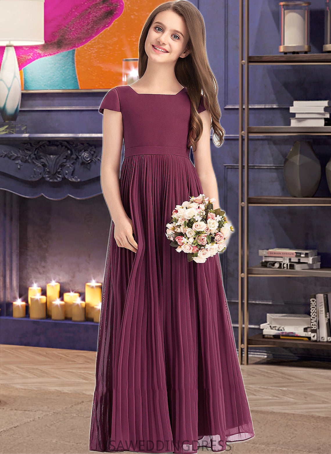 Meredith A-Line Square Neckline Floor-Length Chiffon Junior Bridesmaid Dress With Lace Bow(s) Pleated DSP0013576