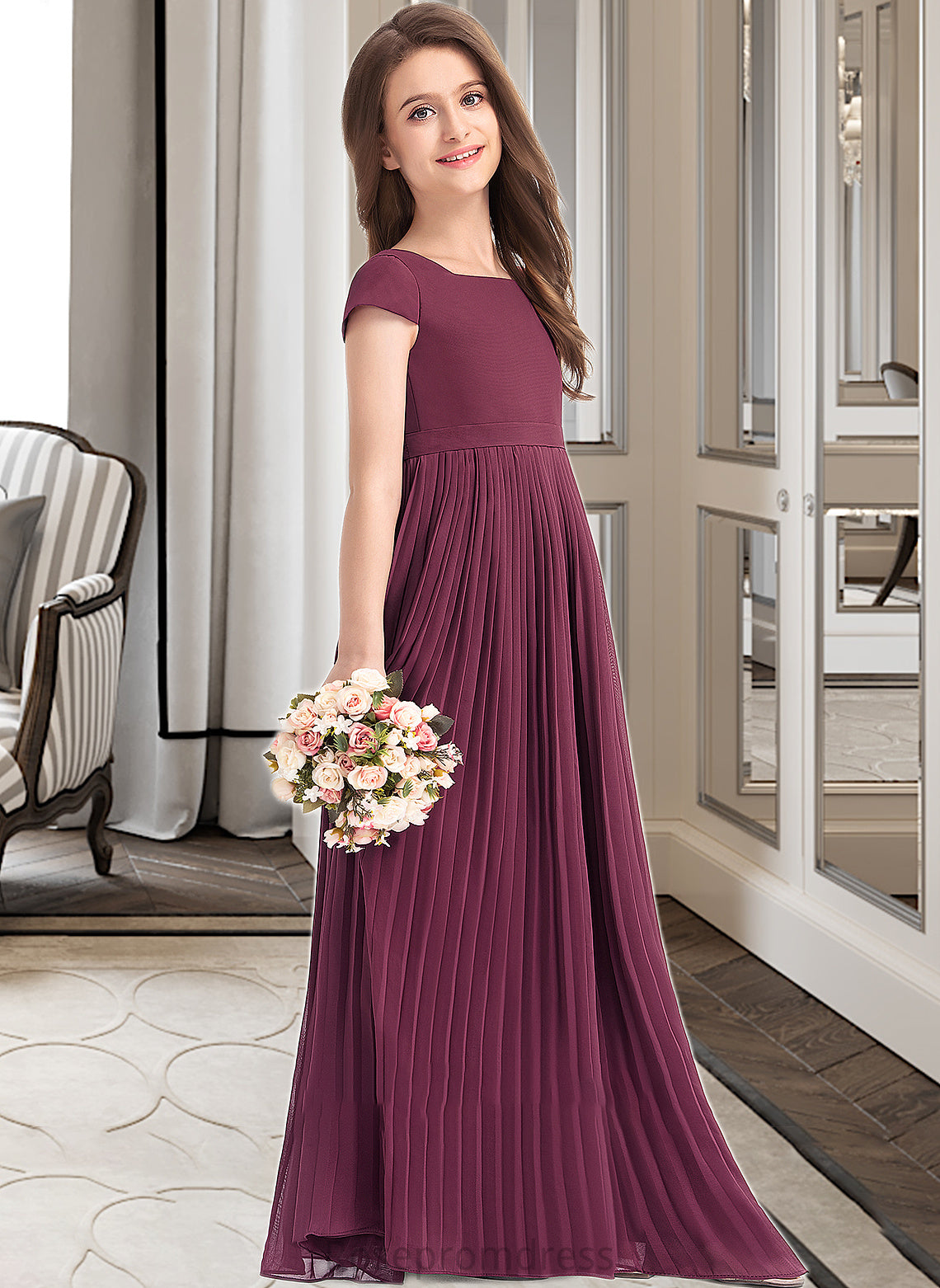 Annabella A-Line Square Neckline Floor-Length Chiffon Junior Bridesmaid Dress With Lace Bow(s) Pleated SRSP0013576