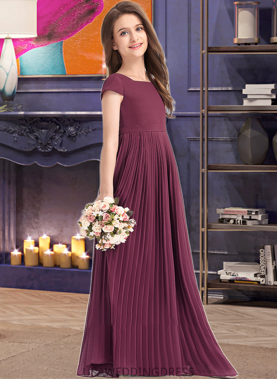 Meredith A-Line Square Neckline Floor-Length Chiffon Junior Bridesmaid Dress With Lace Bow(s) Pleated DSP0013576