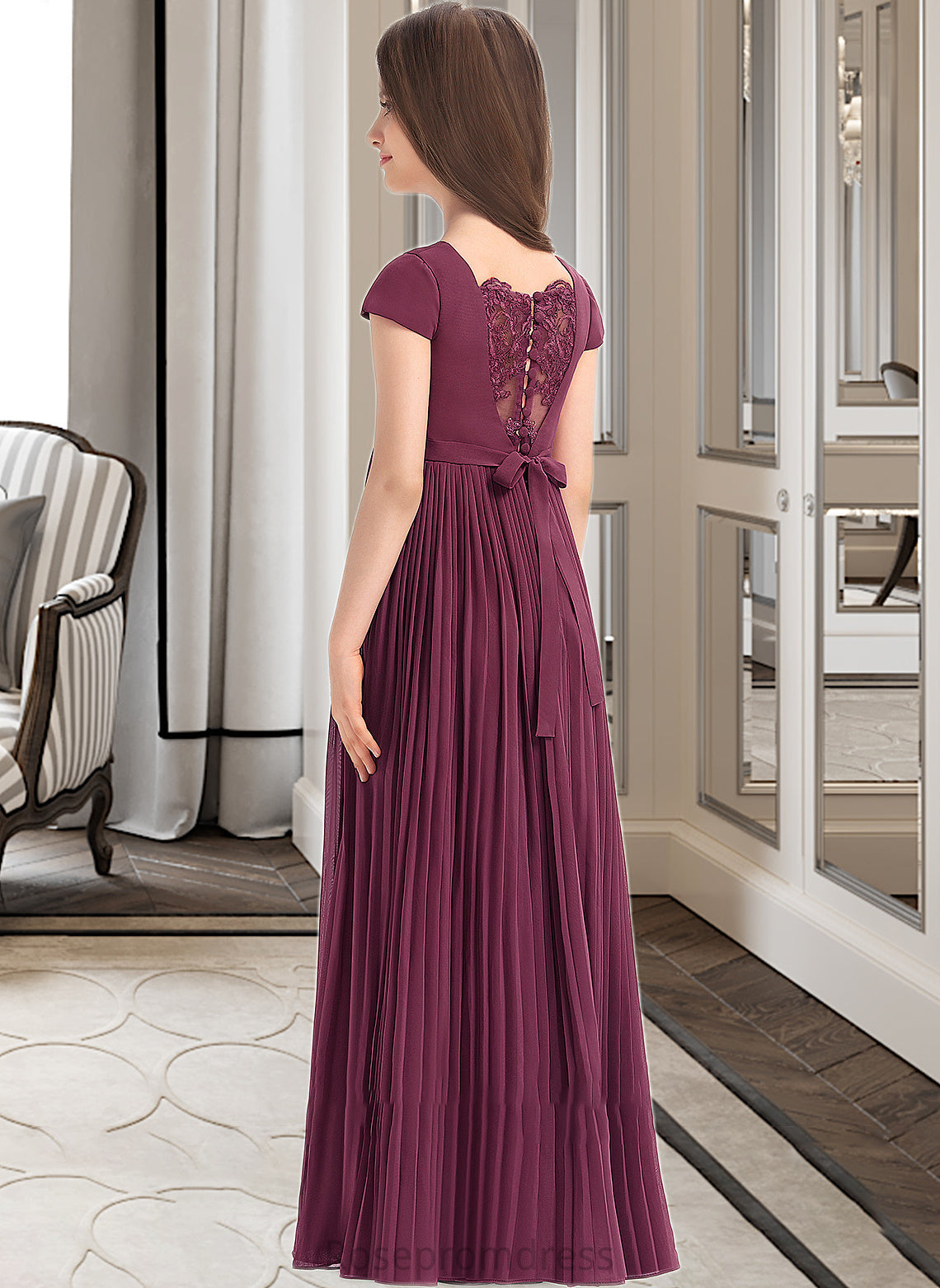 Annabella A-Line Square Neckline Floor-Length Chiffon Junior Bridesmaid Dress With Lace Bow(s) Pleated SRSP0013576